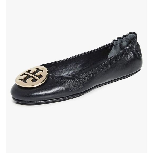 Tory Burch Minnie Travel Ballet Women’s Black Leather Flat w/ Gold Medallion 9.5 - Picture 1 of 16